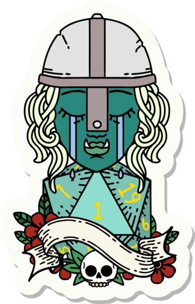 Ağlayan bir Ork savaşçı karakterinin çıkartması. Doğal bir d20 rulo ile bir insan tarafından çizilmiş.