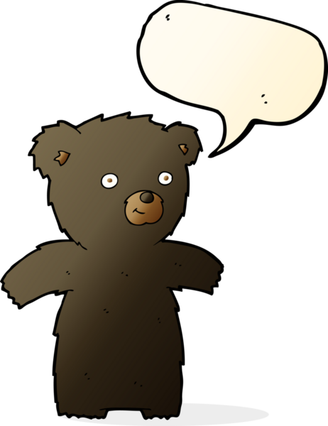 Bir insan tarafından çizilmiş konuşma balonu olan sevimli çizgi film kara ayısı.