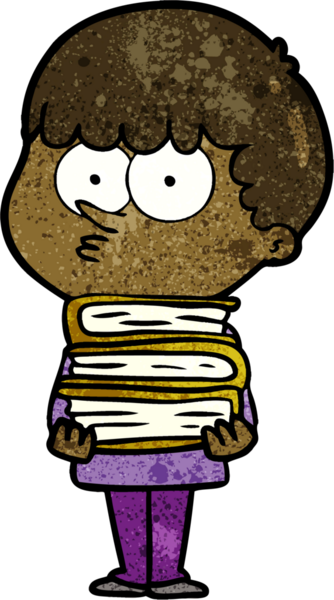 Bir insan tarafından çizilmiş bir sürü kitabı olan meraklı bir çocuk.