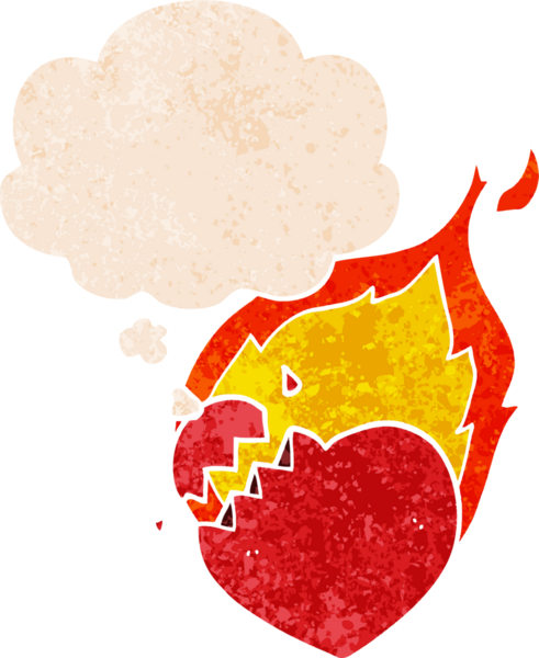 Düşünce baloncuğu içinde yanan bir kalp, bir insan tarafından çizilmiş, sıkıntılı, retro bir stil.