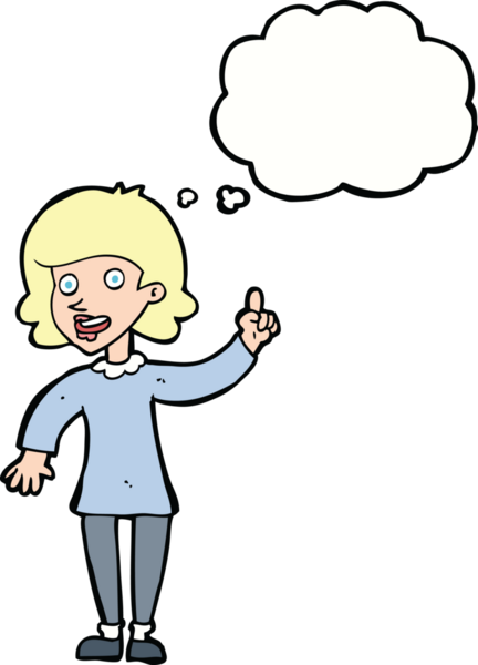 Bir insan tarafından çizilmiş düşünce baloncuğu fikri olan karikatür kadın.