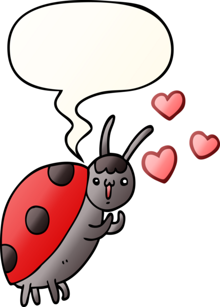 Tatlı çizgi film uğur böceği bir insan tarafından çizilmiş yumuşak eğimli konuşma baloncuğuna aşık.