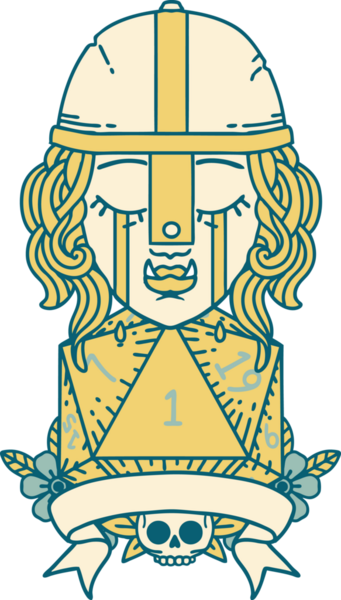 Retro Dövme Tarzı Ağlayan Ork Savaşçısı Karakteri Bir insan tarafından çizilmiş doğal bir D20 rulosu