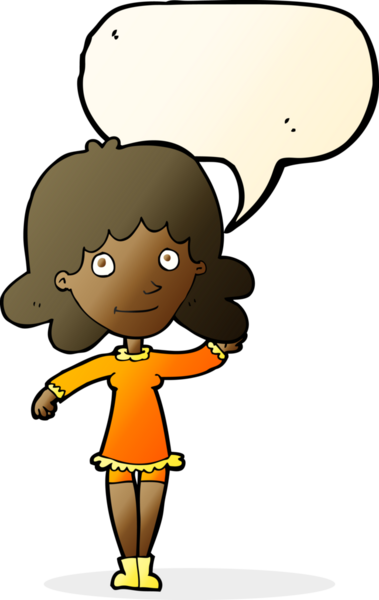 Bir insan tarafından çizilmiş konuşma balonuyla el sallayan karikatür dostu kadın.