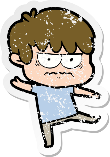 Bir insan tarafından çizilmiş kızgın bir çizgi film çocuğunun sıkıntılı çıkartması.