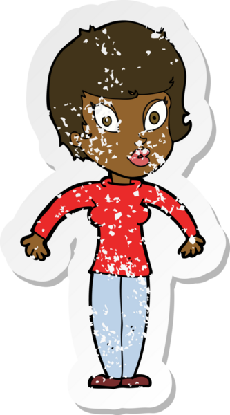 Bir insan tarafından çizilmiş omuzlarını silken karikatürlü bir kadının gerilmiş çıkartması.