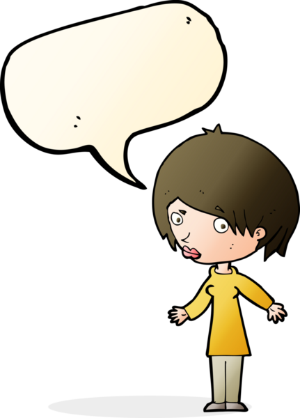 Bir insan tarafından çizilmiş konuşma baloncuğuyla omuz silken çizgi film kadını.