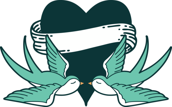 Kırlangıçların ikonik dövme şekli ve bir insan tarafından çizilmiş bir kalp.