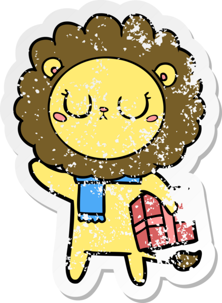 Bir insan tarafından çizilmiş Noel hediyeli karikatür aslanının sıkıntılı çıkartması.