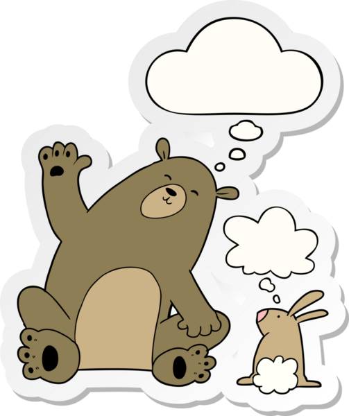 Bir insan tarafından çizilmiş bir çıkartma olarak düşünce balonlu çizgi film ayısı ve tavşan arkadaşları.