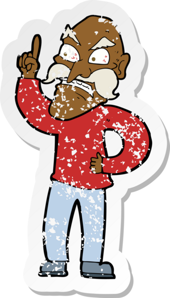 Çizgi filmin gerilemiş çıkartması. Yaşlı bir adam, bir insan tarafından çizilmiş kurallar koyuyor.