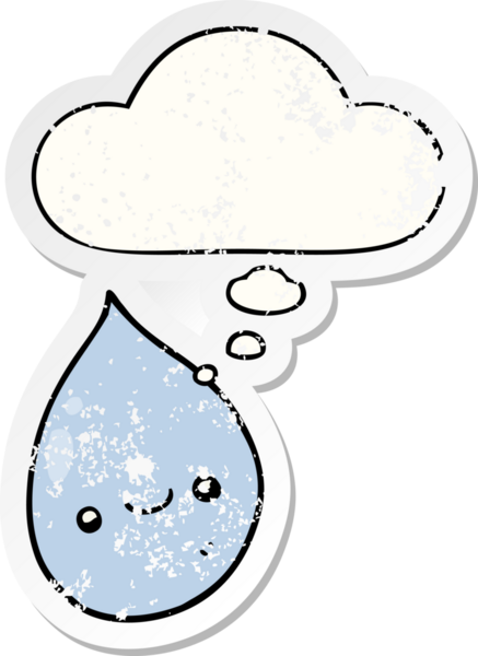 Düşünce baloncuklu karikatür yağmur damlası insan tarafından çizilmiş yıpranmış bir çıkartma gibi.