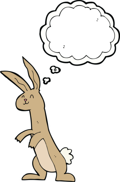 Bir insan tarafından çizilmiş düşünce kabarcığı olan çizgi film tavşanı.