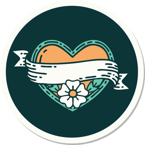 Geleneksel kalp stili dövme çıkartması ve bir insan tarafından çizilmiş çiçekli pankart.