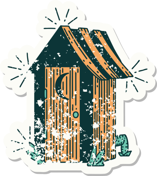 Dövme stili eski bir çıkartma. Bir insan tarafından çizilmiş açık hava tuvaleti.