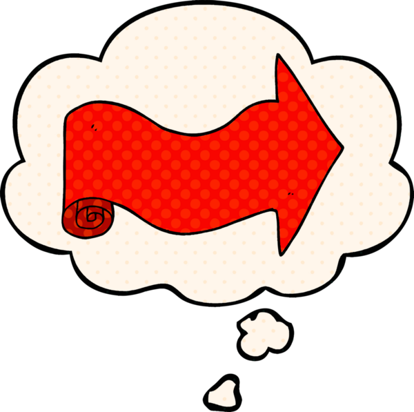 Bir insan tarafından çizilmiş çizgi roman tarzında düşünce baloncuklu ok gösteren çizgi film.