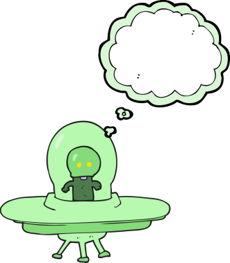 Serbest çizim düşünce baloncuğu çizgi film uzaylısı bir insan tarafından çizilmiş bir uçan daire.