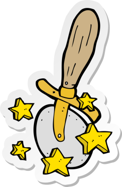 Bir insan tarafından çizilmiş çizgi film pizza kesicisinin çıkartması.