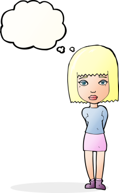 Bir insan tarafından çizilmiş düşünce baloncuğu olan ciddi bir kız.