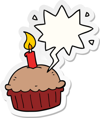 Bir insan tarafından çizilmiş konuşma balonu çıkartmalı doğum günü pastası.