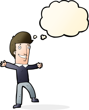 Bir insan tarafından çizilmiş düşünce balonlu mutlu adam çizgi filmi.