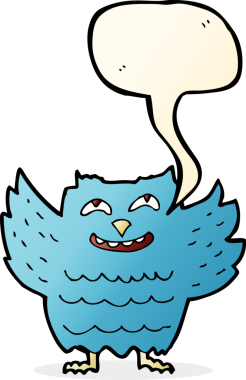 bir insan tarafından çizilmiş konuşma baloncuklu mutlu baykuş.