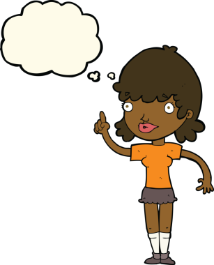 Bir insan tarafından çizilmiş düşünce baloncuğu fikri olan karikatür kadın.