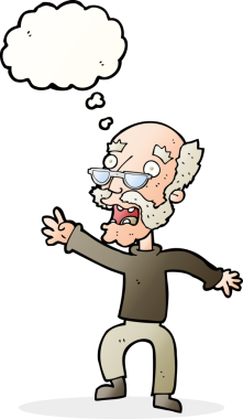 Çizgi film, bir insan tarafından çizilmiş düşünce balonuyla korkmuş yaşlı bir adam.
