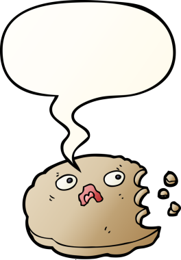 Bir insan tarafından çizilmiş, konuşma baloncuklu çizgi film ısırılmış kurabiyesi.