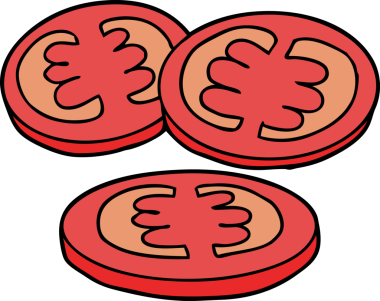 Bir insan tarafından çizilmiş doğranmış domates karikatürü.