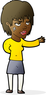 Bir insan tarafından çizilmiş yüzüne alçı yapıştırılmış çizgi film kadını.