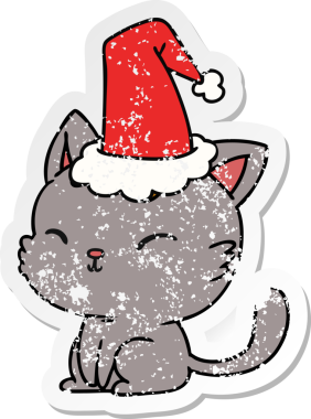 Bir insan tarafından çizilmiş kawaii kedisinin sıkıntılı yılbaşı çıkartması.