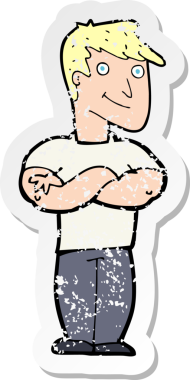 Bir insan tarafından çizilmiş kaslı bir adamın gerilmiş çıkartması.