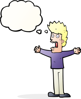 Bir insan tarafından çizilmiş düşünce baloncuğuyla dehşete düşmüş bir adam.