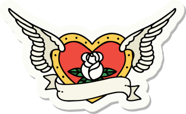 Geleneksel bir dövme stili. Uçan kalp. Çiçekler ve bir insan tarafından çizilmiş bayrak.