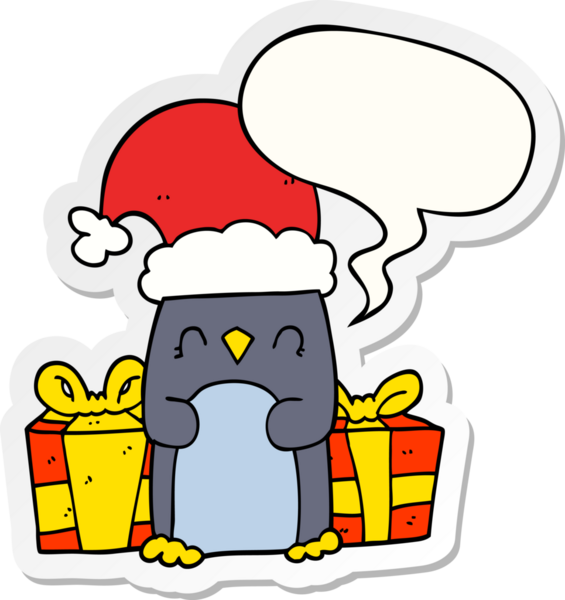 Bir insan tarafından çizilmiş konuşma balonu çıkartmalı şirin bir Noel pengueni.