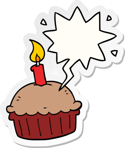 Bir insan tarafından çizilmiş konuşma balonu çıkartmalı doğum günü pastası.