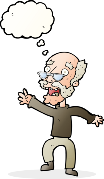 Çizgi film, bir insan tarafından çizilmiş düşünce balonuyla korkmuş yaşlı bir adam.