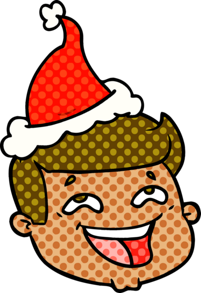 Mutlu el çizimi çizgi roman tarzı Noel Baba şapkası takan bir erkek yüzü bir insan tarafından çizilmiş.