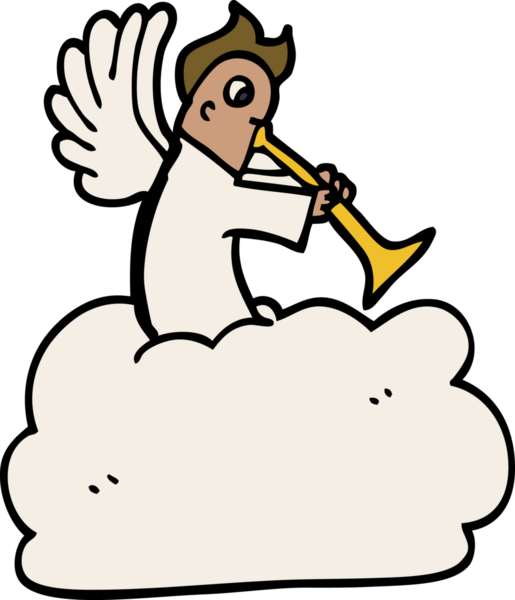 Bir insan tarafından çizilmiş trompetle bulutların üzerindeki karalama meleği.