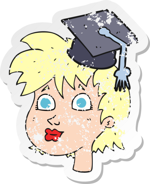 Bir insan tarafından çizilmiş karikatür mezunu bir kadının gerilimli retro yapıştırması.