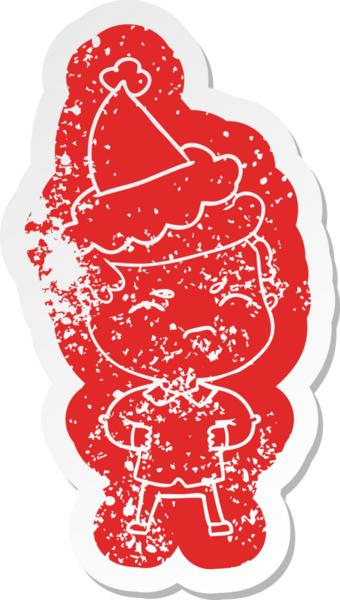 Bir insan tarafından çizilmiş Noel Baba şapkası giyen sinirli bir adamın garip bir karikatürü.