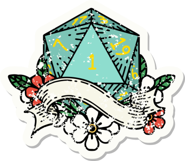 Bir insan tarafından çizilmiş doğal bir d20 zarının grunge çıkartması.