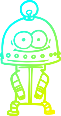 Bir insan tarafından çizilmiş ampullü mutlu bir robot çizimi.