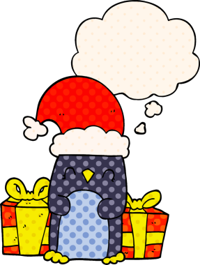 Bir insan tarafından çizilmiş çizgi roman tarzında düşünce baloncuğu olan şirin bir Noel pengueni.