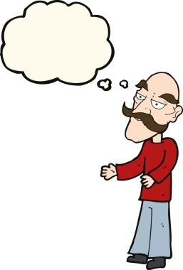 Düşünce baloncuğu çizilmiş bıyıklı yaşlı bir adam.