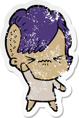 Bir insan tarafından çizilmiş sinirli bir hippi kızın sıkıntılı çıkartması.