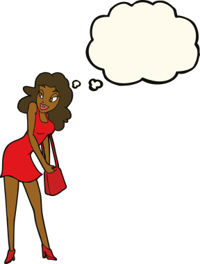 Bir insan tarafından çizilmiş düşünce balonuyla el çantasına bakan karikatür kadın.