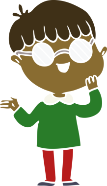 Bir insan tarafından çizilmiş gözlük takan düz renkli çizgi film çocuğu.