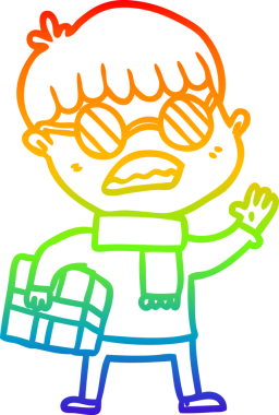 Gökkuşağı gradyan çizgisi, elinde hediye tutan ve bir insan tarafından çizilmiş gözlük takan bir çizgi film çocuğu çizimi.